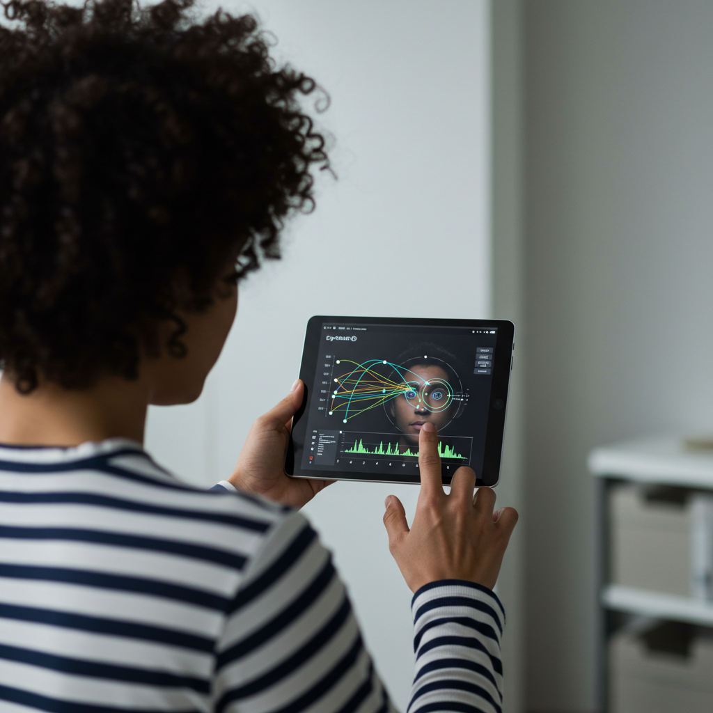 Woman using tablet with eye tracking
